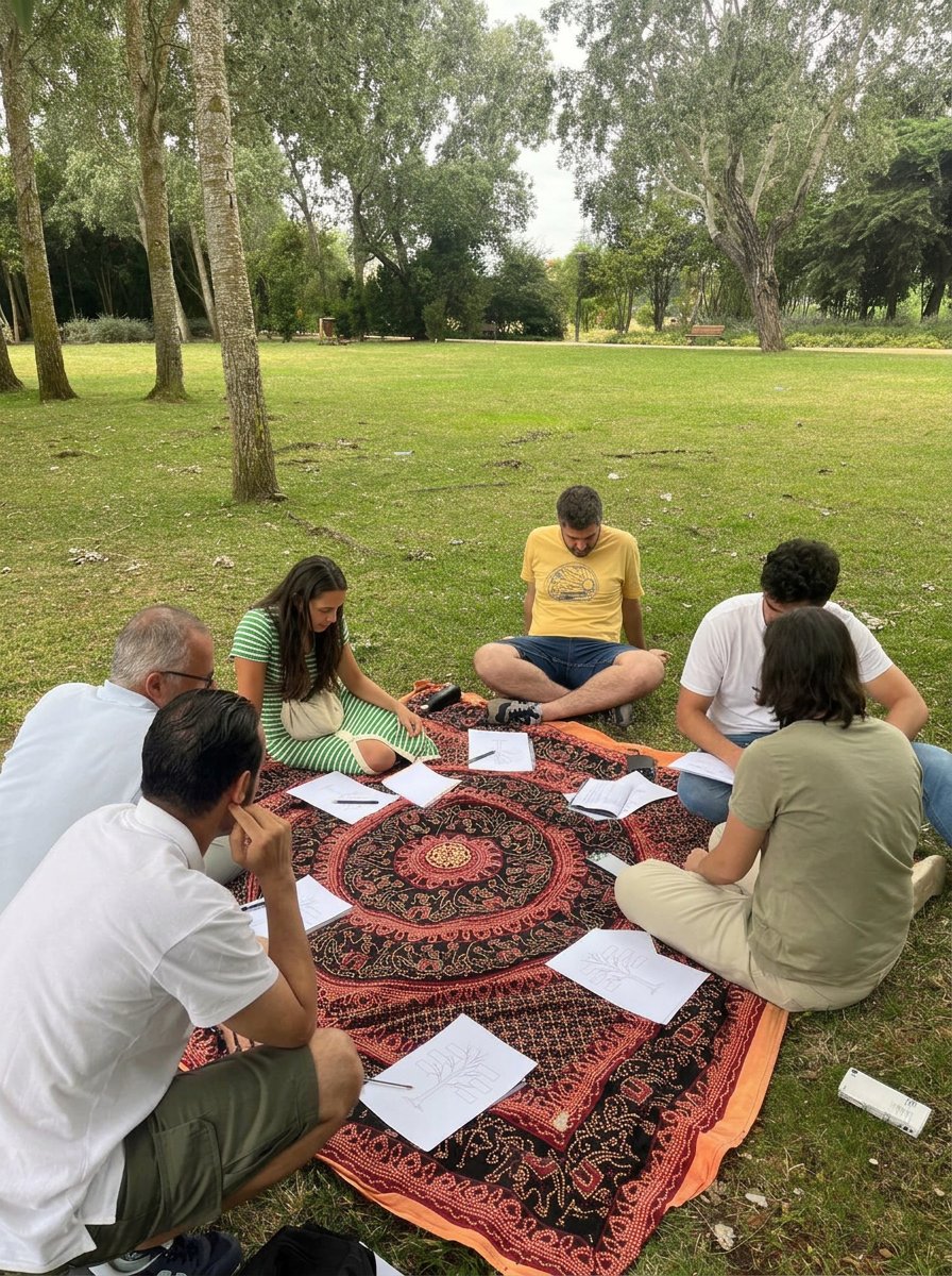A company team sitting on a blanket in a park during a Forests4health session
